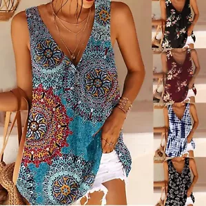 Women Floral V Neck Tank Tops Vest Summer Sleeveless Casual Loose Cami T-Shirt - Picture 1 of 7