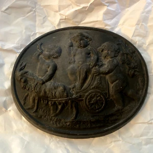 C1784 Wedgwood Black Basalt Lg Oval Plaque Putti w/ Goat/Cart 6.25" x 7.5" RARE! - Picture 1 of 10