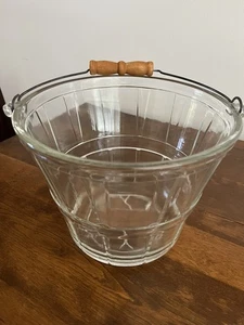 Vintage Glass Anchor Basket Ice Bucket Fruit Bucket with Wooden Handle 7" Tall - Picture 1 of 9