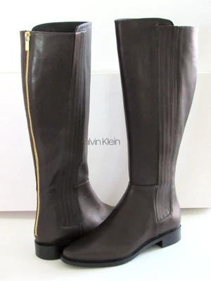 Calvin Klein Womens size 6.5 Brown Leather Back Zip Knee High Boots Wide Calf - Image 1 of 4