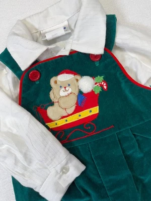 Vintage Christmas Overalls Outfit Velvet Jumper Baby 3-6 Mo 2 Piece Sleigh Teddy - Image 1 of 4