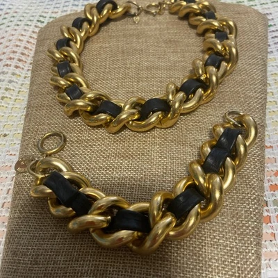 Diseñador ERWIN PEARL Tono Dorado Cuero Negro Tejido Collar 16" y Pulsera 7" Foto 1 de 4
