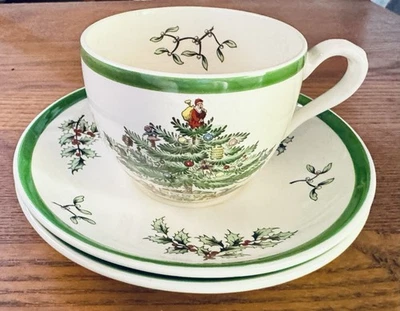 Spode England Christmas Tree Coffee Tea Cup and Saucer Set + 1 Saucer - Image 1 of 4