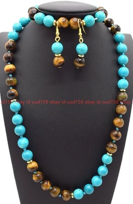 Natural 8mm Blue Turquoise Yellow Tiger Eye Necklace Bracelet Earrings 18/7.5in - Image 1 of 4