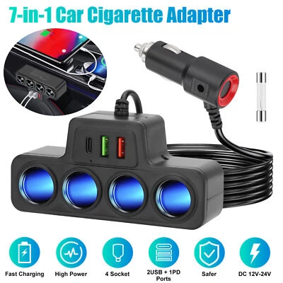 AIMS 7-in-1 4Way Car Cigarette Lighter Socket Splitter Fast Charger Power Adapter 12V