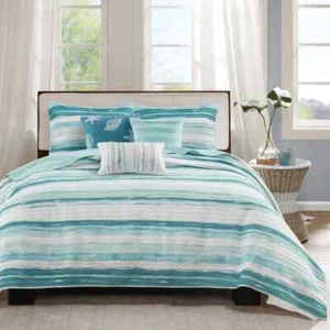 NEW! ~ COZY BEACH HOUSE COASTAL NAUTICAL SHELL CORAL TEAL AQUA BLUE QUILT SET - Picture 1 of 5