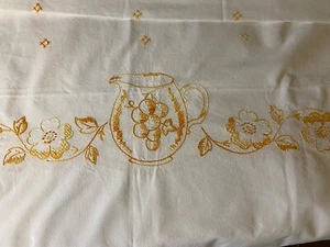 White Orange Tea Service Tablecloth Hand Embroidered Vtg 54" Sq  Boho - Picture 1 of 9