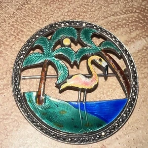 Vintage Sterling Silver 1940s Art Deco Flamingo Enamel & Marcasite Brooch - Picture 1 of 9