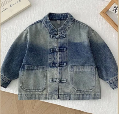 New Baby Kids Chinese style Denim Jacket Boys Tang Suit buckle Coat stand collar - Image 1 of 4