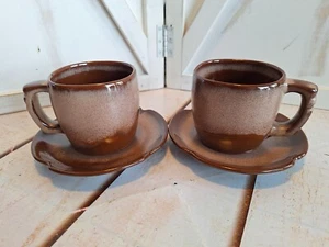 4 Pc Set Vintage Frankoma Coffee Mugs 5C and Saucers Plainsman Brown Two-Tone - Picture 1 of 11