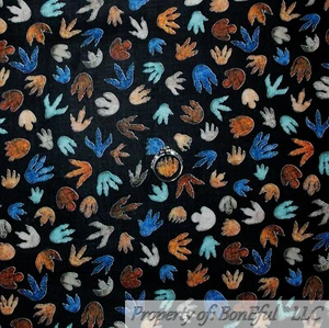 BonEful FABRIC FQ Cotton Quilt Black Dinosaur Skull Skeleton Foot Print Forest L - Picture 1 of 14