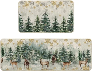 Xmas Trees Deer Snowflakes Christmas Kitchen Mats Set of 2, Winter Home Decor Lo - Picture 1 of 12