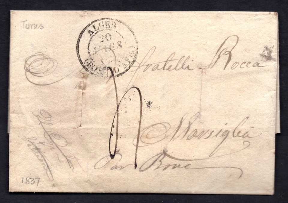 FRANCE ALGERIA DATED 20, MAR. 1837 ON FOLDED LETTER VIA ROME TO MARSEILLE RARE - Image 1 of 2