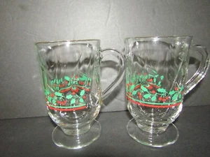 ARBY'S Set of 2 Footed IRISH Coffee Mug Glasses HOLLY & BERRIES Gold Rim SWIRL - Picture 1 of 8