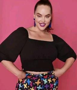 Little Party Dress Women's Smile Top Size 14 Black Cropped 1/2 Sleeve Stretch - Picture 1 of 17