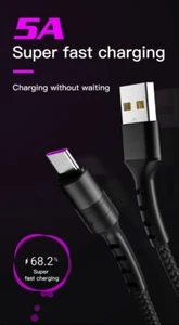 5A Fast Charger Cable for Samsung, Iphone, MicroUSB, USB C 3,6,10 feet Type C QI - Picture 1 of 16