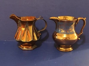 English Copper Luster Ware With Painted Decor 2 Pitchers - Picture 1 of 10