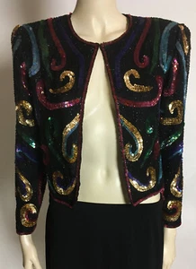 1980s 90s Vintage Opulent Black Graphic Swirl Sequin Beaded Light Crop Jacket S - Picture 1 of 10