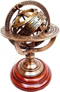 5 Inch Antique Brass Armillary Sphere Maritime Nautical Celestial Wooden Base. - Picture 1 of 6