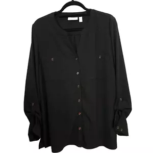 Susan Graver Womans Stretch Woven Button Front Long Sleeve Top Black Size 16 - Picture 1 of 12
