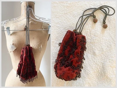 Antique 1920’s Flapper Drawstring Bag Burgundy Velvet Silk Lined Beaded Gorgeous - Image 1 of 4