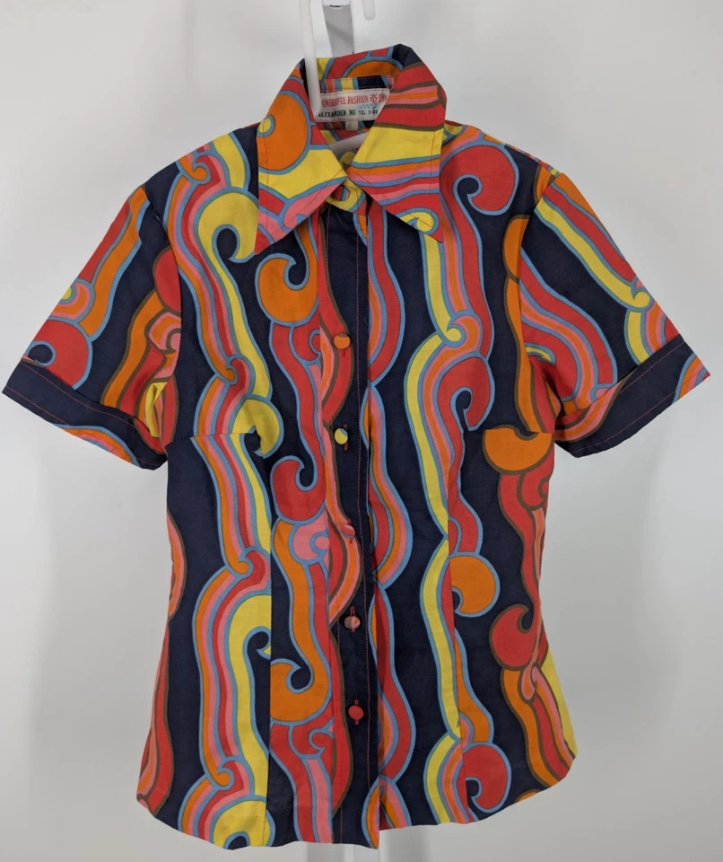 Camisa Psicodélica Vintage Años 60 70 Arte Geométrico Hippie Mod 32" Hong Kong Trippy Foto 1 de 4