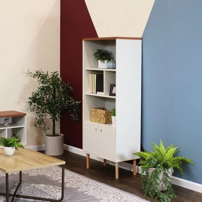 Estantería moderna Mid-Century de 5 estantes con gabinete de almacenamiento - Latte de Sunnydaze Foto 1 de 4