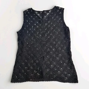 Vintage Handmade Crochet Knit Top Sweater Vest Size L Black Retro 60's Cottage - Picture 1 of 7