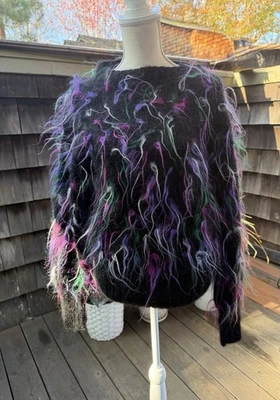 复古 80 年代 Fuzzy 马海毛毛衣黑色针织套衫 M/L Filatura Di Crosa 意大利  — 第 1/4 张图片