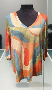 Rachel Zoe size 2X multi color print Long sleeve 100% Cotton shirt V Neck - Picture 1 of 7