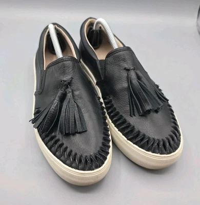 J Slides Platform Sneakers Womens 7.5 Black Leather Tassels Slip On Loafer Shoes - Image 1 of 4