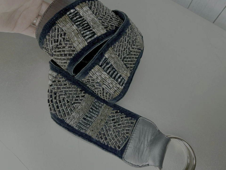 Vintage CHICOs Black Suede Leather Seed Bead Glam Boho Hip Belt Large - Image 1 of 4