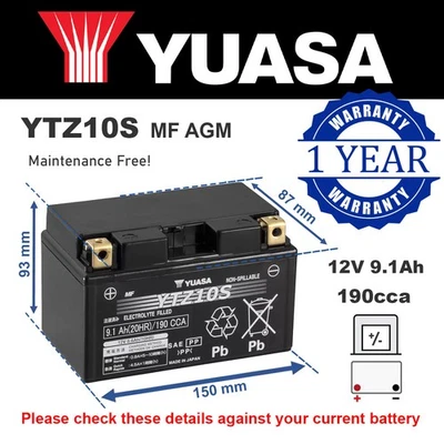 Genuine Yuasa YTZ10S High Power AGM GEL Motorbike Motorcycle Battery YTZ10-BS - Image 1 of 4