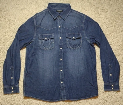 True Religion Western Shirt Men' Medium Blue Denim Long Sleeve Pearl Snap Rodeo - Image 1 of 4