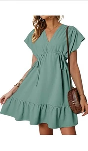 Dokotoo Women Summer Dress Drawstring Ruffle A-Line Swing Mini Babydoll Dress XL - Picture 1 of 5