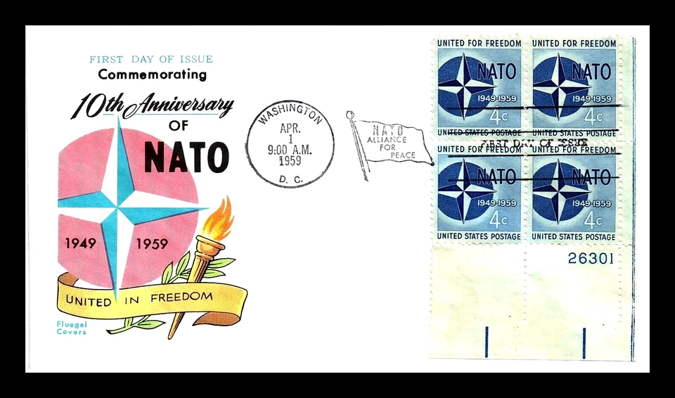 1127 4c Stamps (1959) 10th ANNIVERSARY OF NATO FDC FROM FLUEGEL - PLATE BLOCK !! - Image 1 of 1
