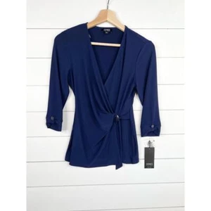 Jones New York Navy Blue VNeck Wrap Top 3/4 Sleeves Size PS Side Buckle - Picture 1 of 10