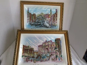 VTG FRAMED GLASS PAINTINGS BY ANGELO TREVI FOUNTAIN & RIALTO GRAND CANAL VENICE - Picture 1 of 11