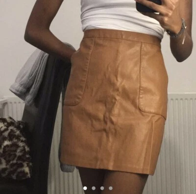 Ladies New Look Brown Leather Mini Pin Skirt Size M - Image 1 of 4