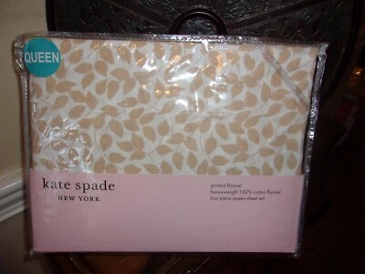 NIP Kate Spade New York White Beige Leaf Printed Cotton Flannel Queen Sheet Set - Image 1 of 4