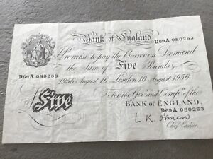 Bank of England White Five pound note 1956 L K O’Brien 