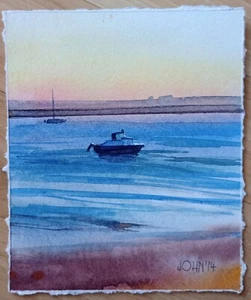 Original Watercolor small boat in calm water. signed by John Charles Thompson - Picture 1 of 4