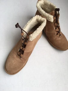 Lands End Fleece Lined Booties Pull On Tan Suede Women’s 8.5-9B US Bungee Laces - Picture 1 of 9