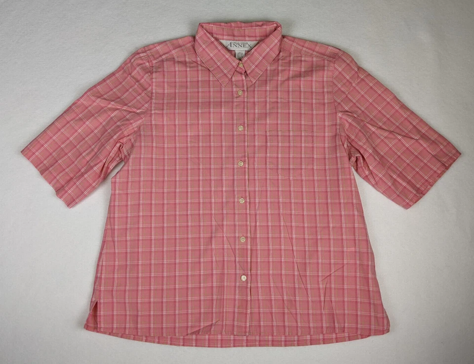 Top informal esquina anexo para mujer talla grande rosa a cuadros manga corta abotonada Foto 1 de 4