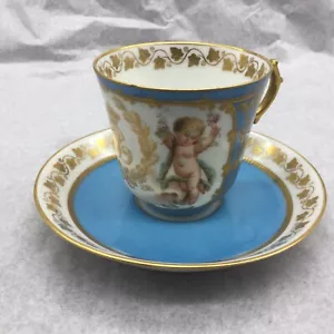 Antiguo juego de platillos de taza de té Sevres querubín azul celeste dorado Louise Philippe - Imagen 1 de 7