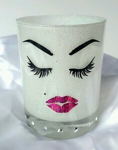 Makeup brush holder cup White glitter Lashes & Lips Vanity desk room decor 