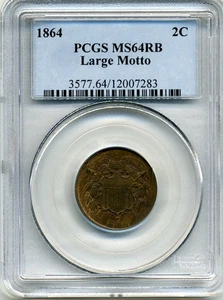 1864 Two Cent Piece - Large Motto 2C - PCGS MS 64 RB - Free Shipping - Picture 1 of 2