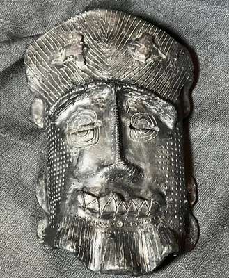 Original Vintage Black Pottery Art Sculpture Face Mask Wall Plaque Signed Dated - Image 1 of 4