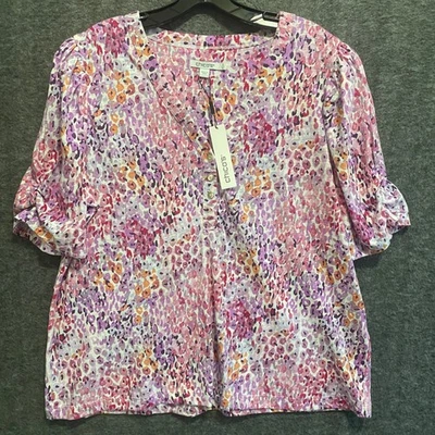 NEW Chicos Womens Floral Button Top 3 XL Purple Pink V Neck Ruched Sleeve Blouse - Image 1 of 4