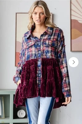 Camisa de mujer Oli And Hali blanqueada a cuadros con terciopelo en capas manga larga talla S Foto 1 de 4